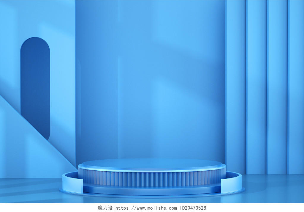 蓝色简约3D立体电商创意展台几何空间C4D通用背景蓝色展台C4D背景